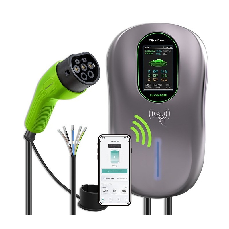 Qoltec Stacja ładowania EV 2w1 Typ2 | 22kW | Wi-fi| LCD | RFID | 3 fazy | Wallbox | 5m