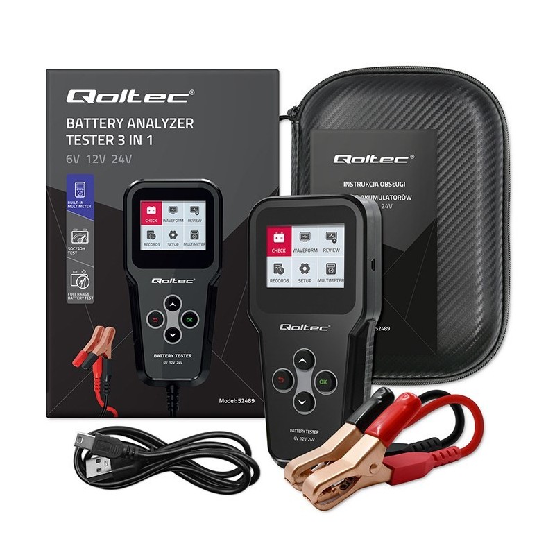QOLTEC TESTER AKUMULATORA CYFROWY 3W1 Z LCD | 6V | 12V | 24V | 30AH-200AH