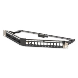 Digitus Panel krosowy (patch panel) kątowy 19" 24x keystone, ekranowany, 1U, czarny, prowadnica kabli, pola opisowe