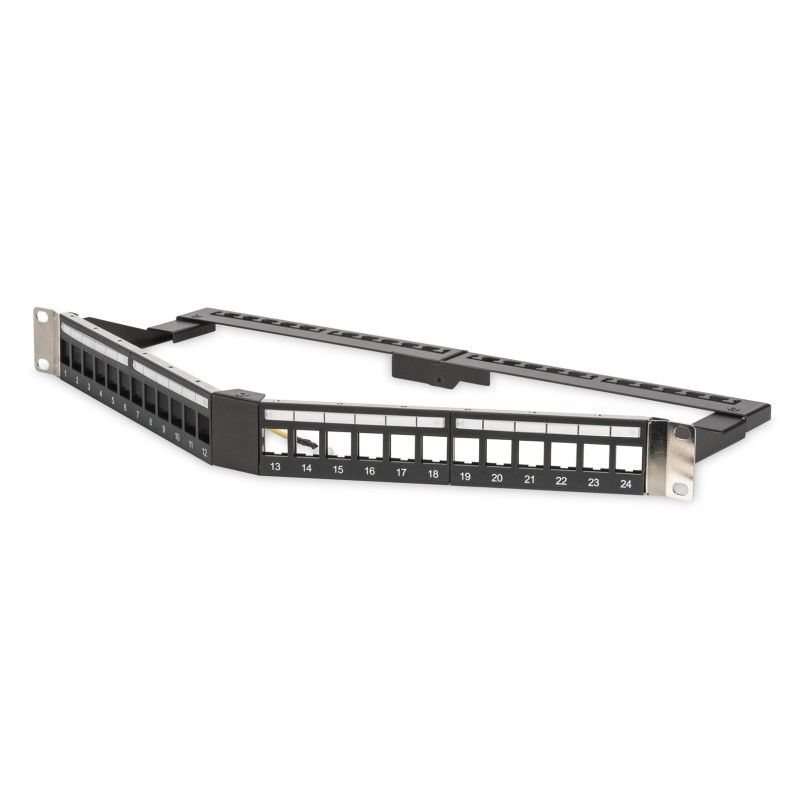 Digitus Panel krosowy (patch panel) kątowy 19" 24x keystone, ekranowany, 1U, czarny, prowadnica kabli, pola opisowe