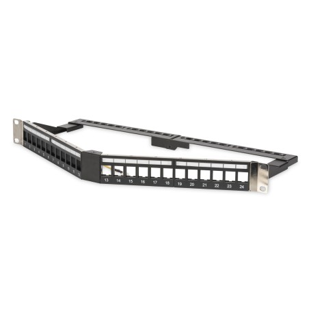 Digitus Panel krosowy (patch panel) kątowy 19" 24x keystone, ekranowany, 1U, czarny, prowadnica kabli, pola opisowe