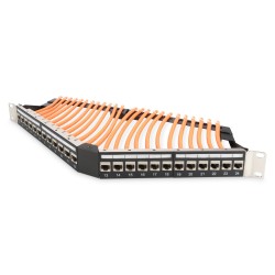 Digitus Panel krosowy (patch panel) kątowy 19" 24x keystone, ekranowany, 1U, czarny, prowadnica kabli, pola opisowe