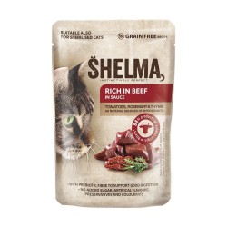 SHELMA saszetki - pełnoporcjowa bezzbożowa karma dla dorosłych kotów. Z kurczakiem, wołowiną, kaczką i indykiem 4x85g