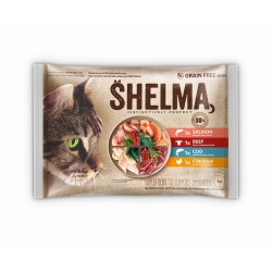 SHELMA saszetka - pełnoporcjowa bezzbożowa karma dla dorosłych kotów. Z łososiem, dorszem, wołowiną i kurczakiem 4x85g