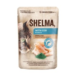 SHELMA saszetka - pełnoporcjowa bezzbożowa karma dla dorosłych kotów. Z łososiem i dorszem 4x85g