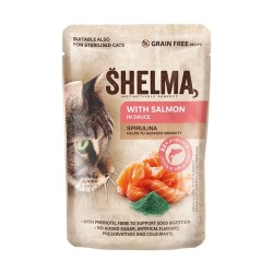SHELMA saszetka - pełnoporcjowa bezzbożowa karma dla dorosłych kotów. Z kurczakiem, wołowiną, łososiem, dorszem 12x 85 g