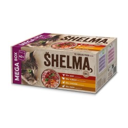 SHELMA saszetki - pełnoporcjowa bezzbożowa karma dla dorosłych kotów. Z wołowiną, kaczką, kurczakiem i indykiem. 40x85g