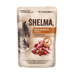 SHELMA saszetki - pełnoporcjowa bezzbożowa karma dla dorosłych kotów. Z wołowiną, kaczką, kurczakiem i indykiem. 40x85g