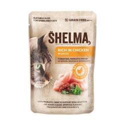SHELMA saszetki - pełnoporcjowa bezzbożowa karma dla dorosłych kotów. Z wołowiną, kaczką, kurczakiem i indykiem. 40x85g