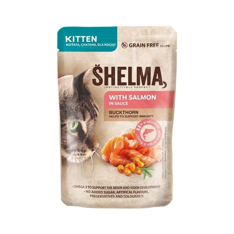 SHELMA saszetka dla kociąt z łososiem i rokitnikiem 85g