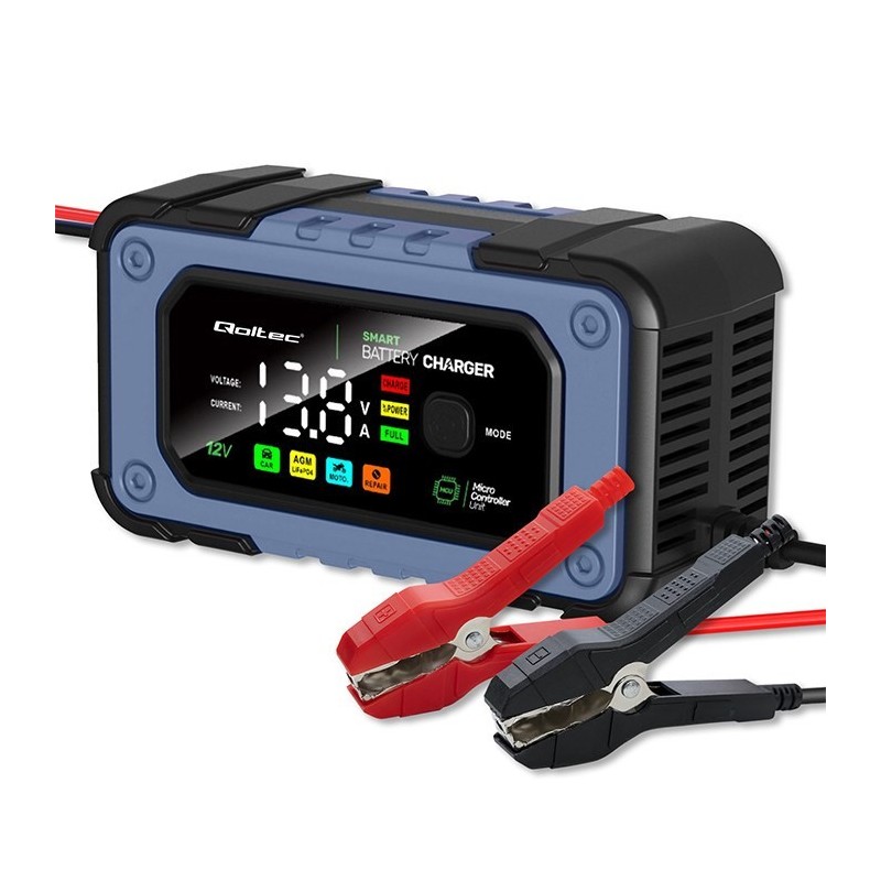 Qoltec Inteligentna mikroprocesorowa ładowarka 12V | 7A | Prostownik do akumulatora AGM LiFePO4 GEL z funkcją naprawy