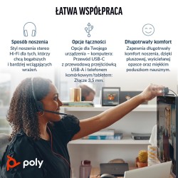 Słuchawki przewodowe POLY Blackwire 3325 Stereo Microsoft Teams Certified USB-C Headset 3.5mm Plug USB-C/A Adapter Przewodowa