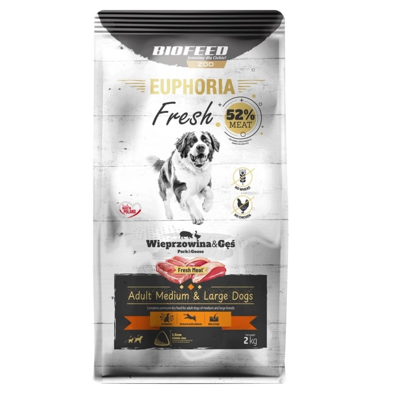BIOFEED Euphoria Fresh Meat Adult Medium & Large Wieprzowina i Gęś 2kg BIOFEED Euphoria Fresh Meat Adult Medium & Large Wieprzowina i Gęś 2kg