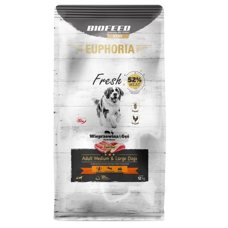 BIOFEED Euphoria Fresh Meat Adult Medium & Large Wieprzowina i Gęś 12kg BIOFEED Euphoria Fresh Meat Adult Medium & Large Wieprzowina i Gęś 12kg