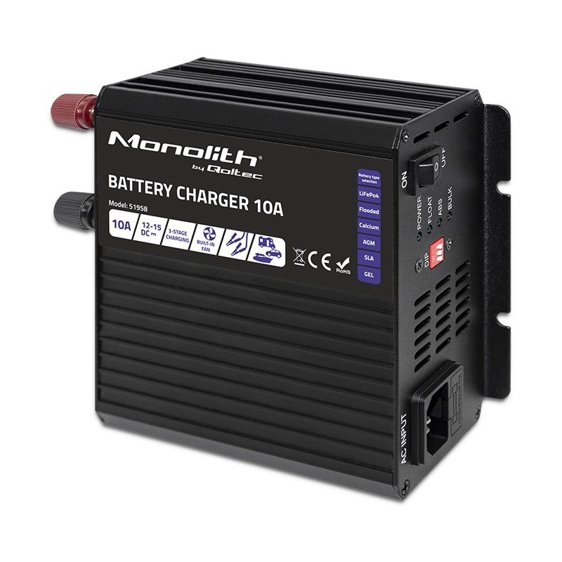 Qoltec Inteligentna ładowarka Monolith do akumulatorów LiFePO4 AGM GEL SLA | 10A | 12V