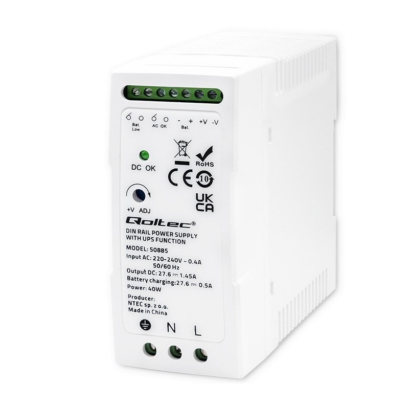 Qoltec Stabilny Zasilacz na szynę DIN z funkcją UPS | 40W