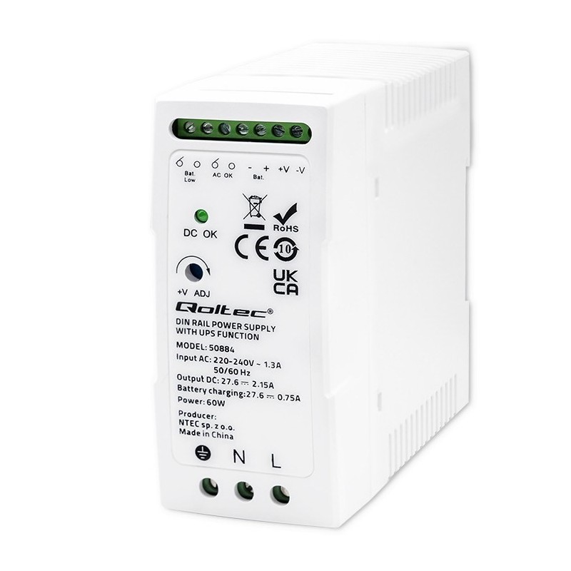 Qoltec Stabilny Zasilacz na szynę DIN z funkcją UPS | 60W