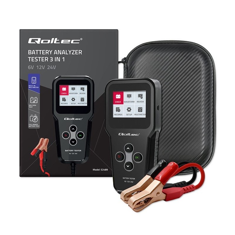 Qoltec Cyfrowy tester akumulatora 3w1 z LCD | Polskie Menu | 6V | 12V | 24V | 10Ah-200Ah