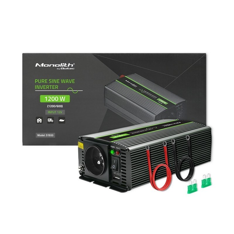 Qoltec Przetwornica napięcia Monolith | 600W | 1200W | 12V na 230V | Czysty Sinus