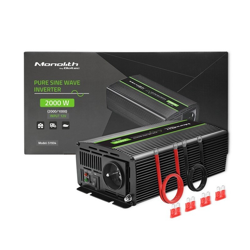 Qoltec Przetwornica napięcia Monolith | 1000W | 2000W| 12V na 230V | Czysty Sinus