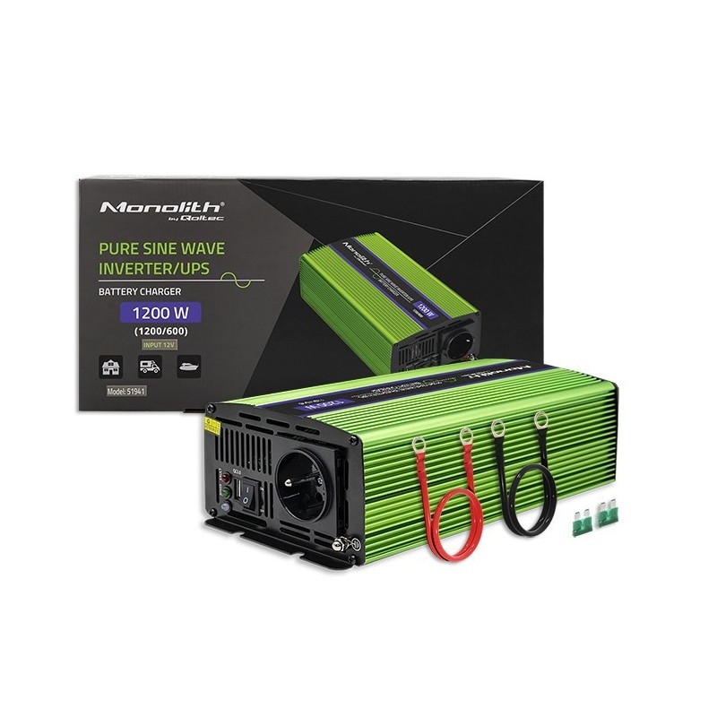 Qoltec Przetwornica napięcia Monolith | ładowanie baterii | UPS | 600W | 1200W | 12V na 230V |Czysty Sinus