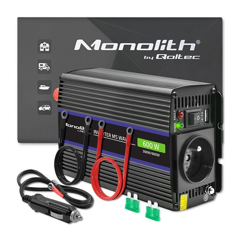 Qoltec Przetwornica napięcia Monolith 600 MS Wave | 12V na 230V | 300/600W | USB