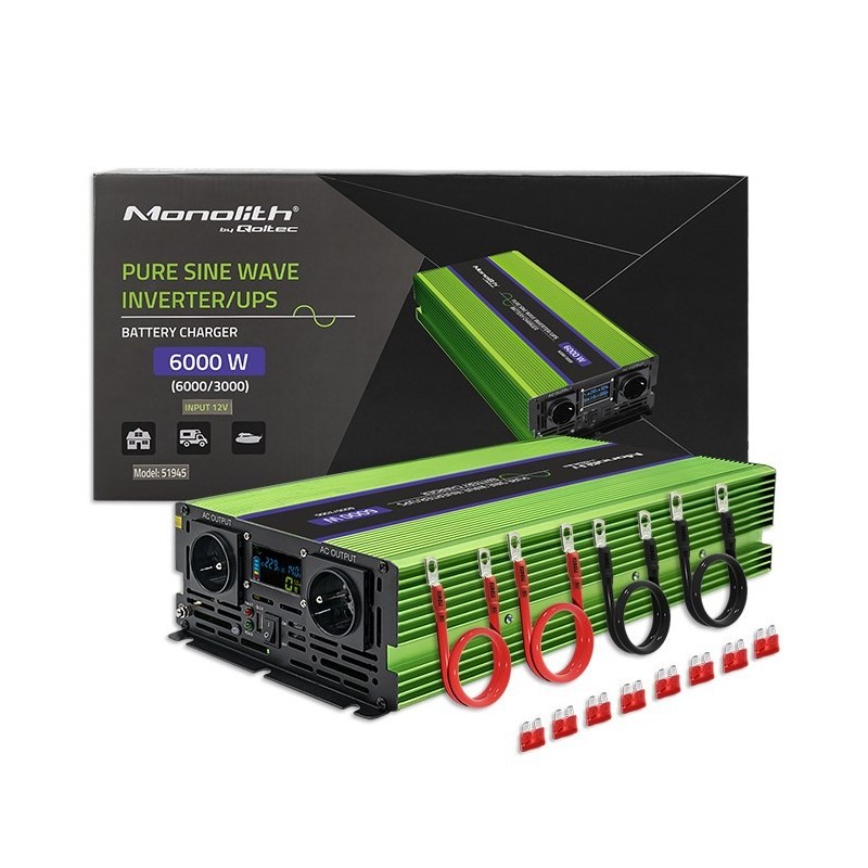 Qoltec Przetwornica napięcia Monolith | ładowanie baterii | UPS | 3000W | 6000W |12V na 230V |Czysty Sinus | LCD