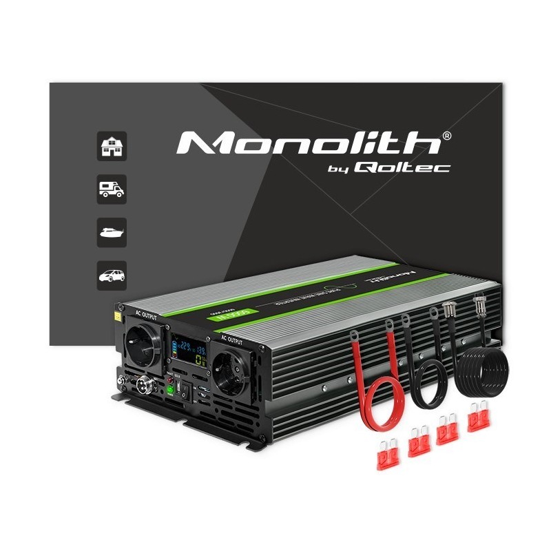 Qoltec Przetwornica napięcia Monolith | 3000W | 6000W | 24V na 230V | Czysty Sinus | LCD