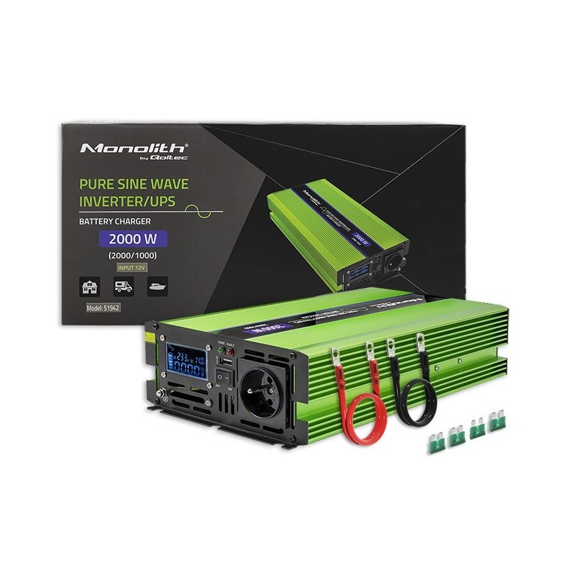 Qoltec Przetwornica napięcia Monolith | ładowanie baterii |UPS |1000W | 2000W |12V na 230V |Czysty Sinus |LCD