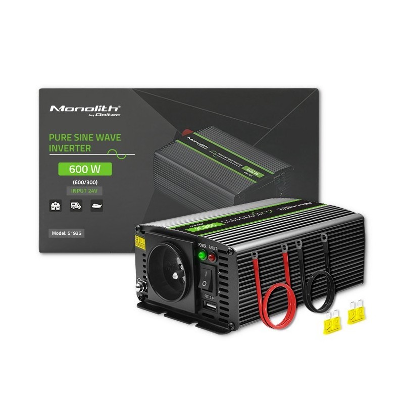 Qoltec Przetwornica napięcia Monolith | 300W | 600W | 24V na 230V | Czysty Sinus