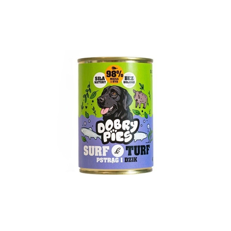DOBRY PIES Surf&Turf Pstrąg i Dzik mokra karma dla psa 400g DOBRY PIES Surf&Turf Pstrąg i Dzik mokra karma dla psa 400g