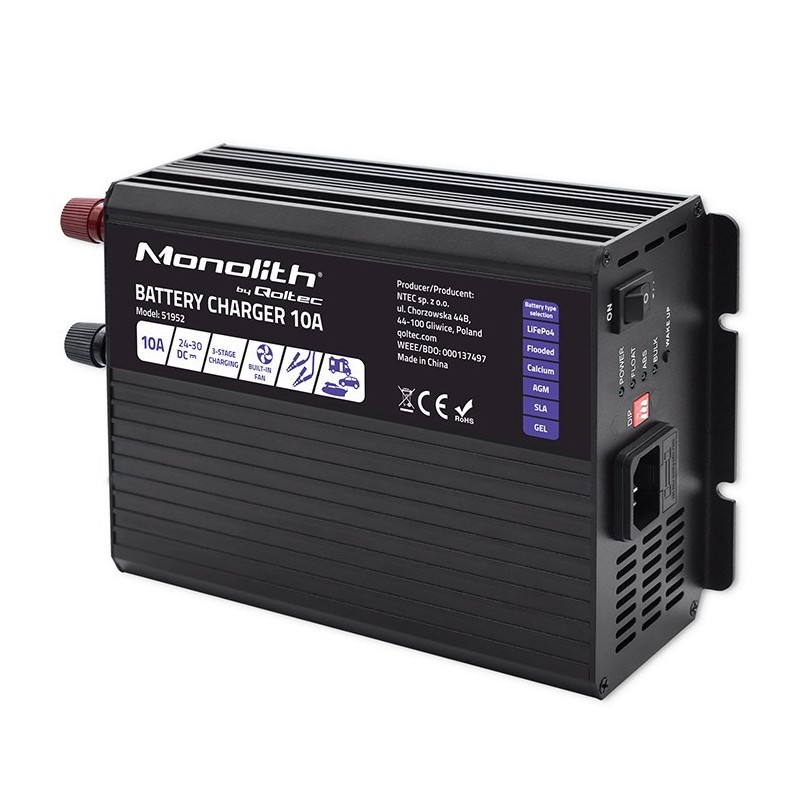 Qoltec Inteligentna ładowarka Monolith do akumulatorów LiFePO4 AGM GEL SLA | 10A | 24V