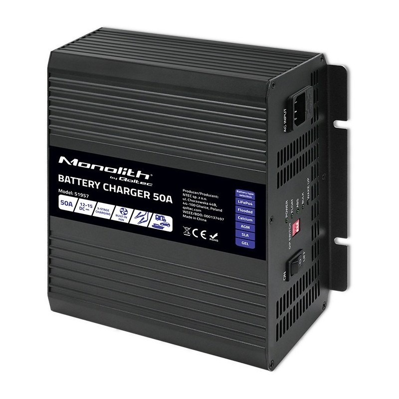Qoltec Inteligentna profesjonalna ładowarka Monolith do akumulatorów LiFePO4 AGM GEL SLA | 50A | 12V