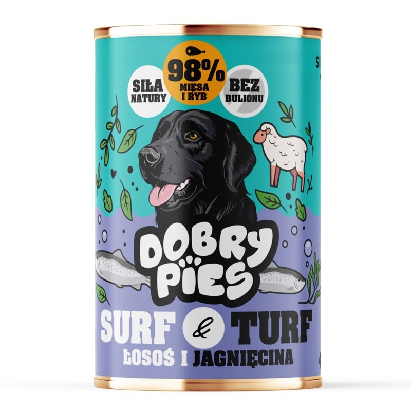 DOBRY PIES Surf&Turf Łosoś i Jagnięcina mokra karma dla psa 400g DOBRY PIES Surf&Turf Łosoś i Jagnięcina mokra karma dla psa 400g
