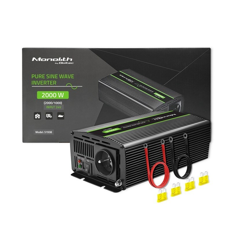 Qoltec Przetwornica napięcia Monolith | 1000W | 2000W | 24V na 230V | Czysty Sinus
