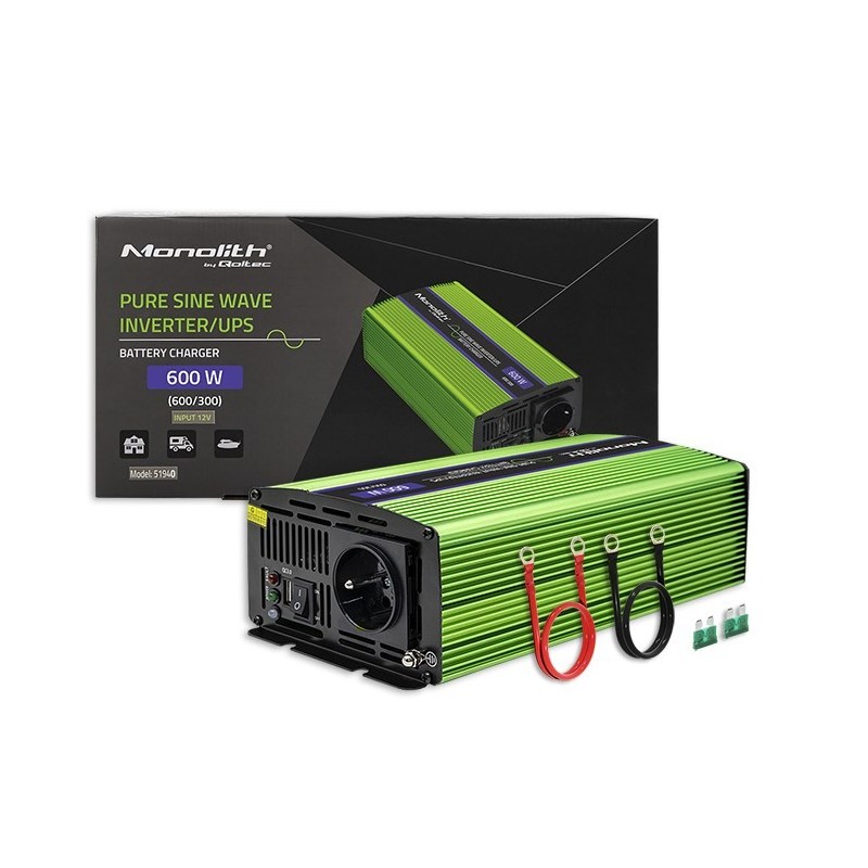 Qoltec Przetwornica napięcia Monolith | ładowanie baterii | UPS | 300W | 600W | 12V na 230V | Czysty Sinus