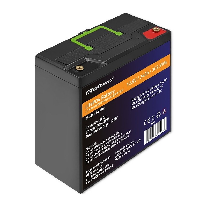 Qoltec Akumulator LiFePO4 Litowo-Żelazowo-Fosforanowy | 12.8V | 24Ah | 307.2Wh | BMS