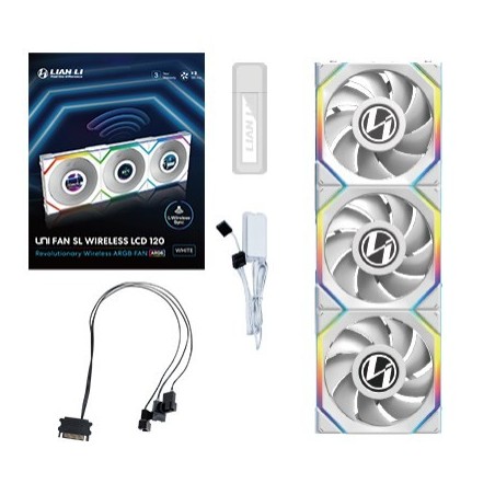 Wentylator Lian Li LULI-100 UNI FAN SL LCD, ARGB, PWM, 3x, 120 mm, Bezprzewodowe sterowanie za pomocą kontrolera 2.4GHz, biały