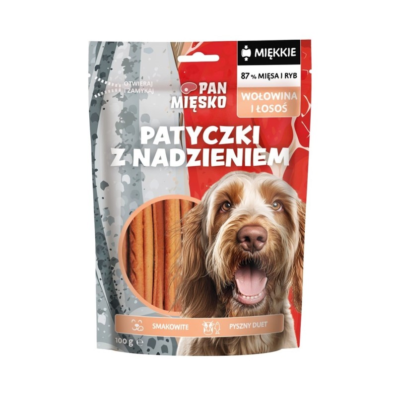 Pan Mięsko Przysmak dla psa Patyczki z nadzieniem Wołowina i łosoś 100g Pan Mięsko Przysmak dla psa Patyczki z nadzieniem Wołowina i łosoś 100g