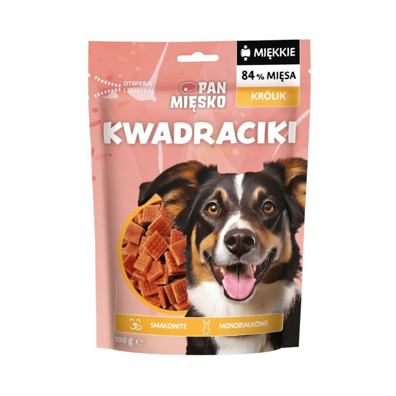 Pan Mięsko Przysmak dla psa Kwadraciki Królik 100g Pan Mięsko Przysmak dla psa Kwadraciki Królik 100g