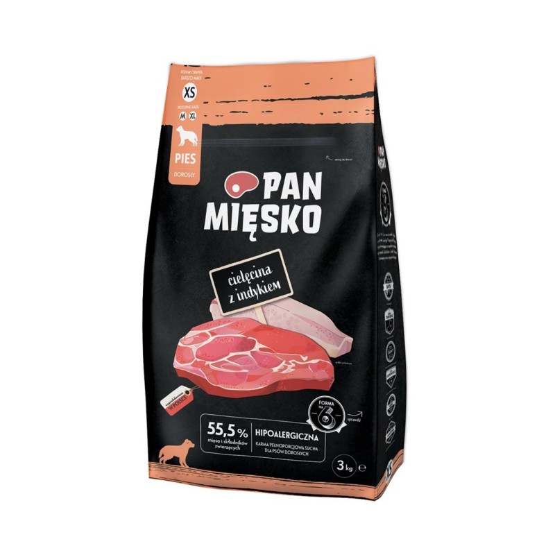 Pan Mięsko Cielęcina z indykiem sucha karma dla psa chrupki XS 3kg Pan Mięsko Cielęcina z indykiem sucha karma dla psa chrupki XS 3kg