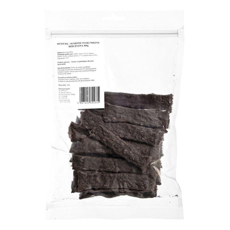 PETITTO – Suszone paski mięsne – dziczyzna - przysmak dla psa 400g PETITTO – Suszone paski mięsne – dziczyzna - przysmak dla psa 400g