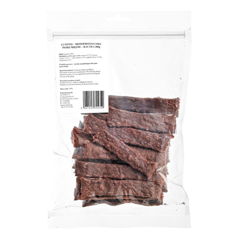 PETITTO – Monoproteinowe paski mięsne – kaczka - przysmak dla psa 400g PETITTO – Monoproteinowe paski mięsne – kaczka - przysmak dla psa 400g
