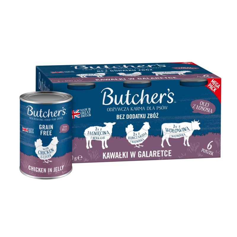 Butcher's Original Recipe in Jelly mix smaków z wątróbką lub nerkami kawałki w galaretce karma dla psa 6 x 400g