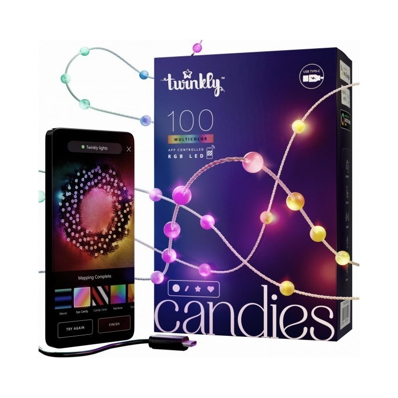 Twinkly Candies – 100 Lampki w kształcie pereł RGB LEDs, zielony przewód, USB-C