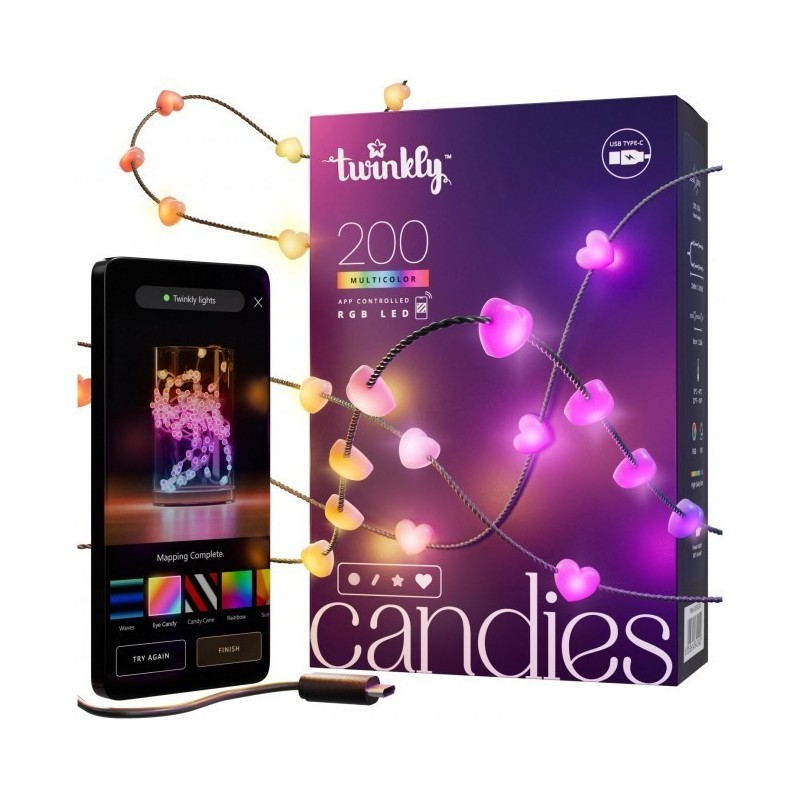 Twinkly Candies – 200 Lampki w kształcie serc RGB LEDs, zielony przewód, USB-C