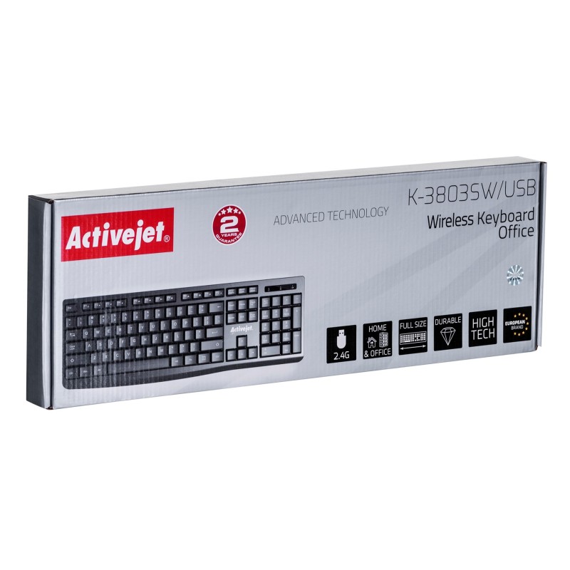 Activejet K-3803SW Klawiatura bezprzewodowa zasilanie baterią 1x 1,5V AAA czarna Activejet K-3803SW Klawiatura bezprzewodowa zasilanie baterią 1x 1,5V AAA czarna