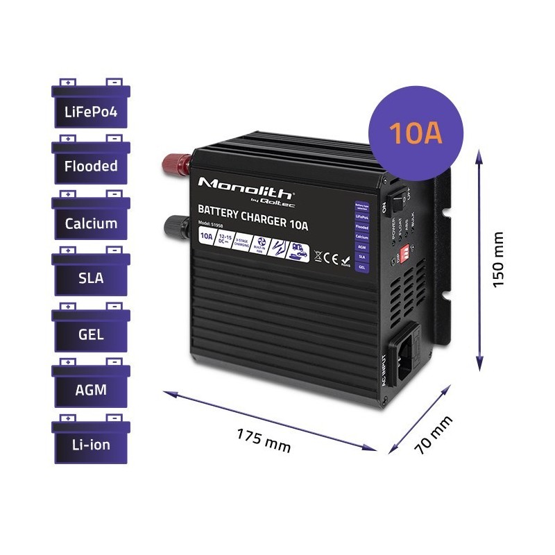 QOLTEC ŁADOWARKA DO AKUMULATORÓW MONOLITH LIFEPO4 AGM GEL SLA | 10A | 12V