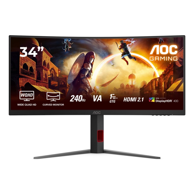 Monitor AOC CU34G4Z 34-calowy, Szybkie VA, WQHD 21:9, 240 Hz, 1 ms, 3440 x 1440 pikseli, 450 cd/m2, ilość portów HDMI: 2, kolor