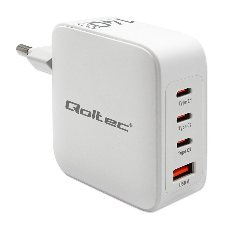 Qoltec Ładowarka sieciowa 140W GaN | 5-20V | 2.5-5A | 3 x USB-C PD | 1 x USB QC 3.0 | Biała